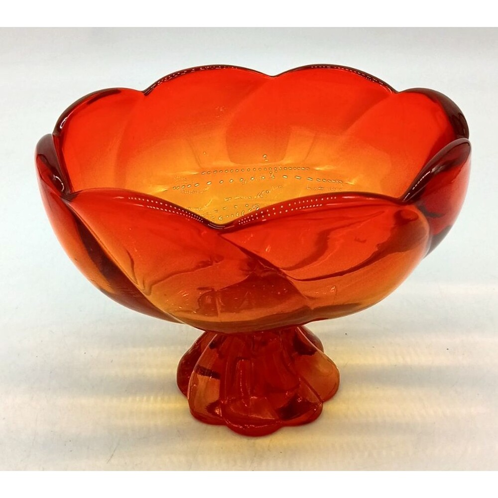 1970s Viking Glass Persimmon Amberina 8 Petal Swirl Pedestal Compote Bowl Glows